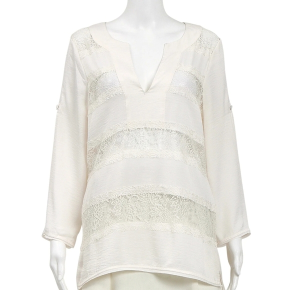 BCBG Max Azria white lace blocked 3/4 length shirt size M - Picture 11 of 11